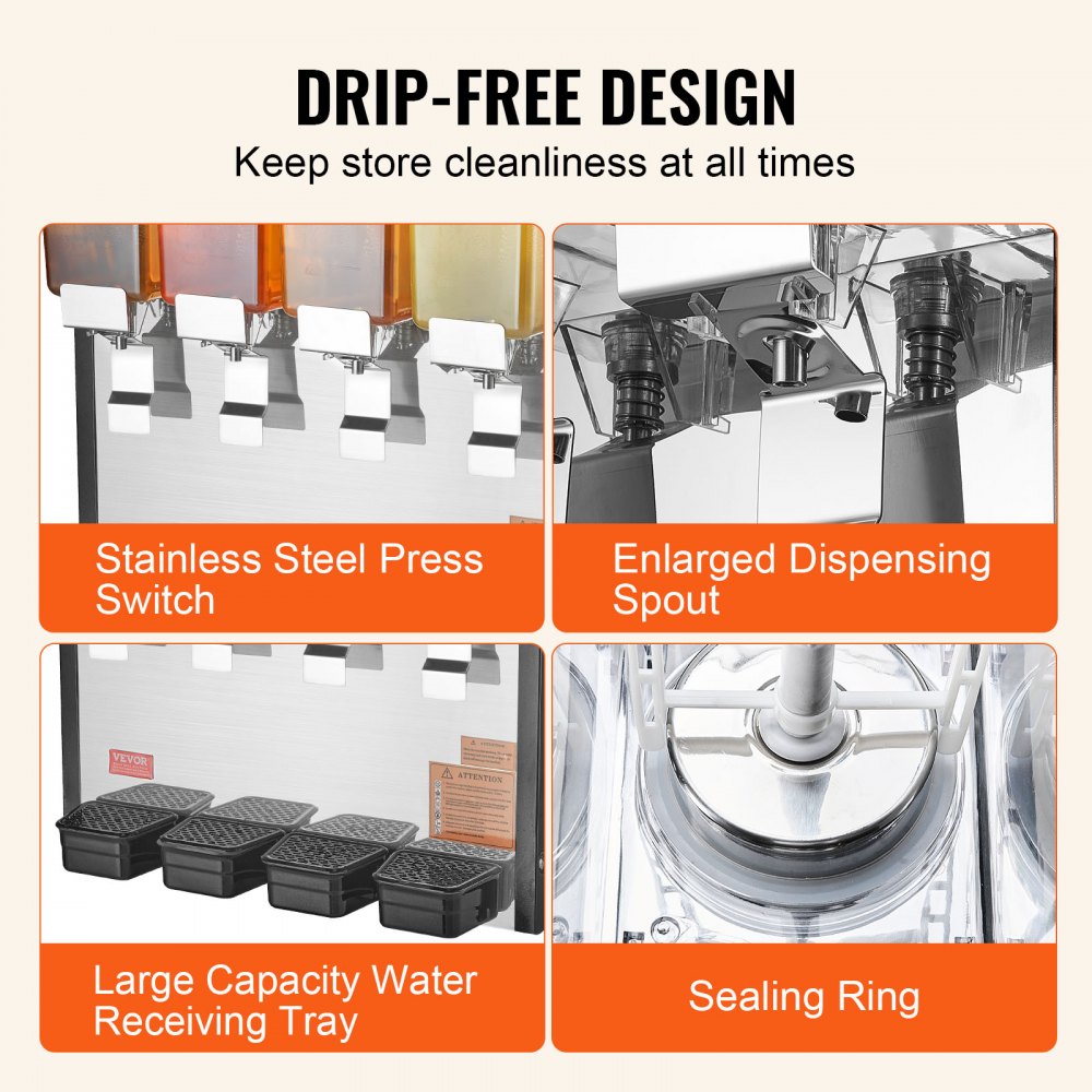 VEVOR Commercial Beverage Dispenser 10L x 4 Tanks Cold Juice Ice Drink Dispenser 