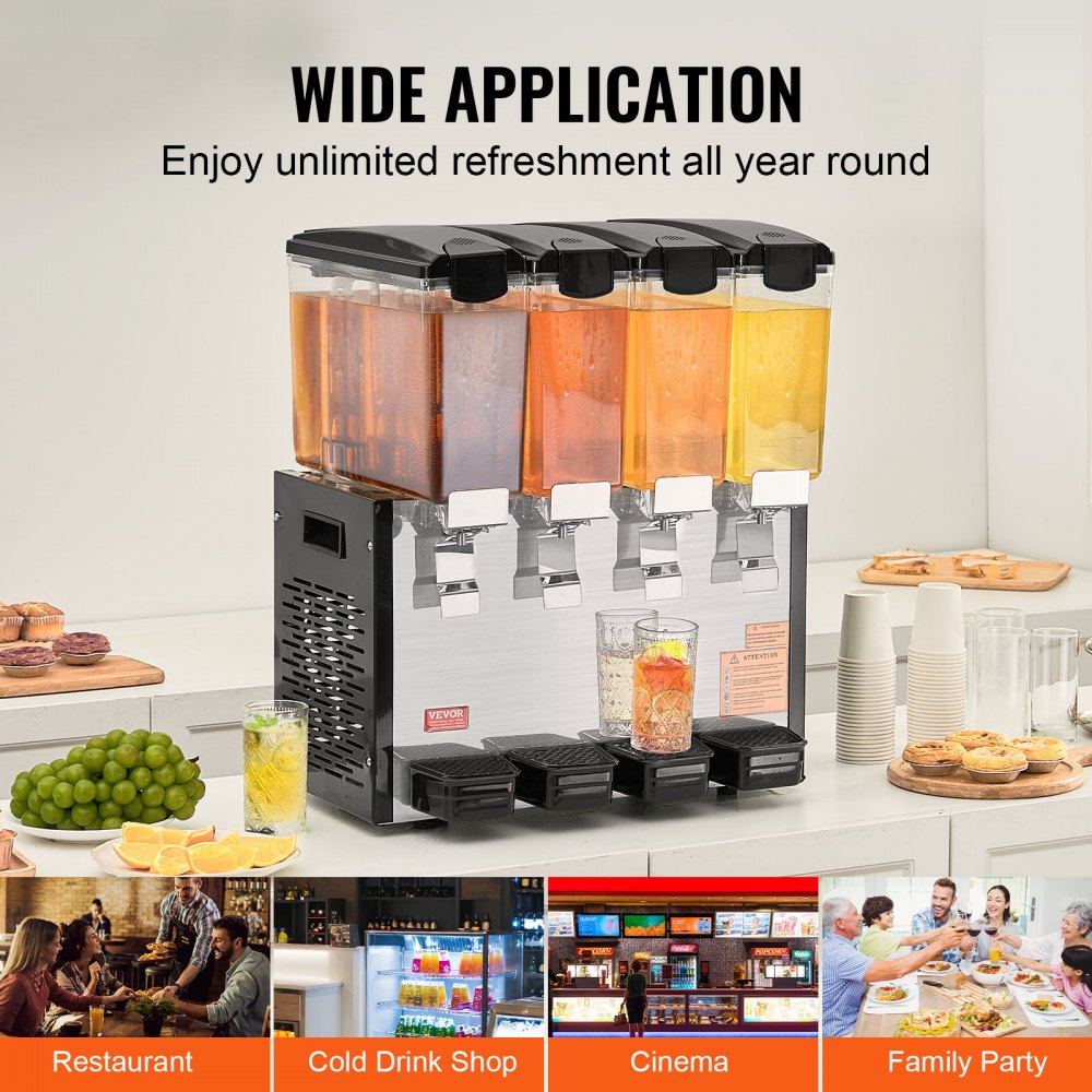 VEVOR Commercial Beverage Dispenser 10L x 4 Tanks Cold Juice Ice Drink Dispenser 