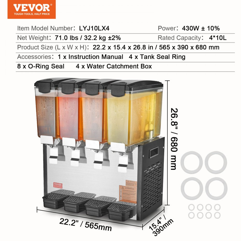 VEVOR Commercial Beverage Dispenser 10L x 4 Tanks Cold Juice Ice Drink Dispenser 