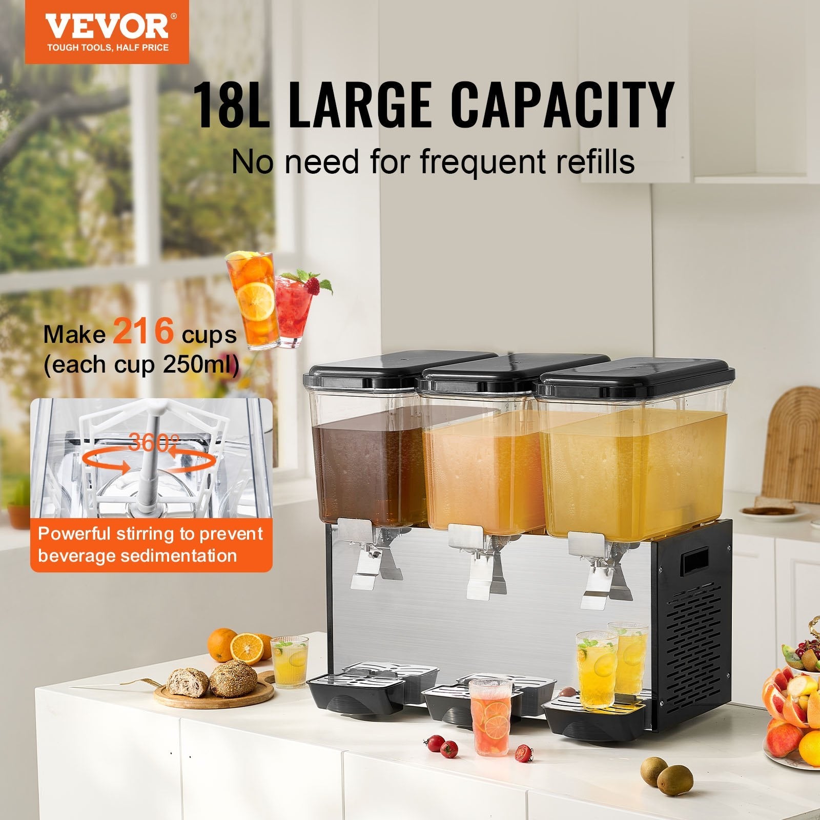 VEVOR Commercial Beverage Dispenser 18L x 3 Tanks Cold Juice Ice Drink Dispenser 