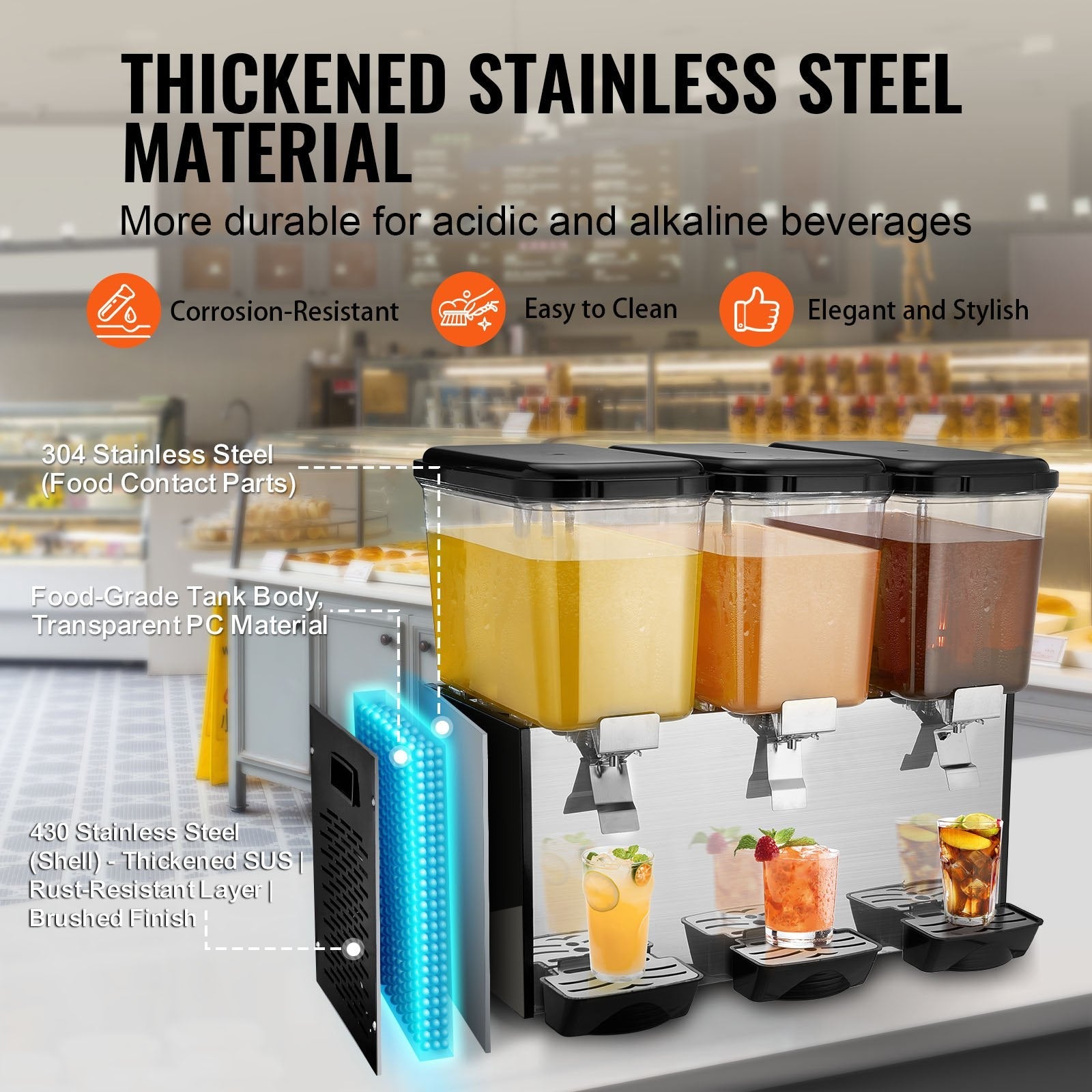 VEVOR Commercial Beverage Dispenser 18L x 3 Tanks Cold Juice Ice Drink Dispenser 