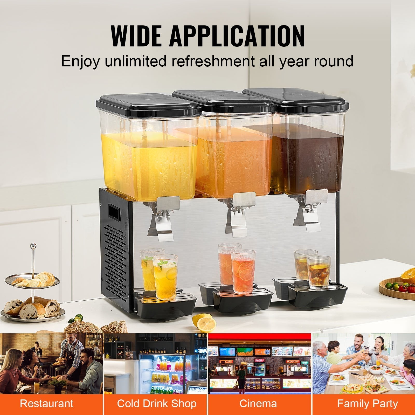 VEVOR Commercial Beverage Dispenser 18L x 3 Tanks Cold Juice Ice Drink Dispenser 