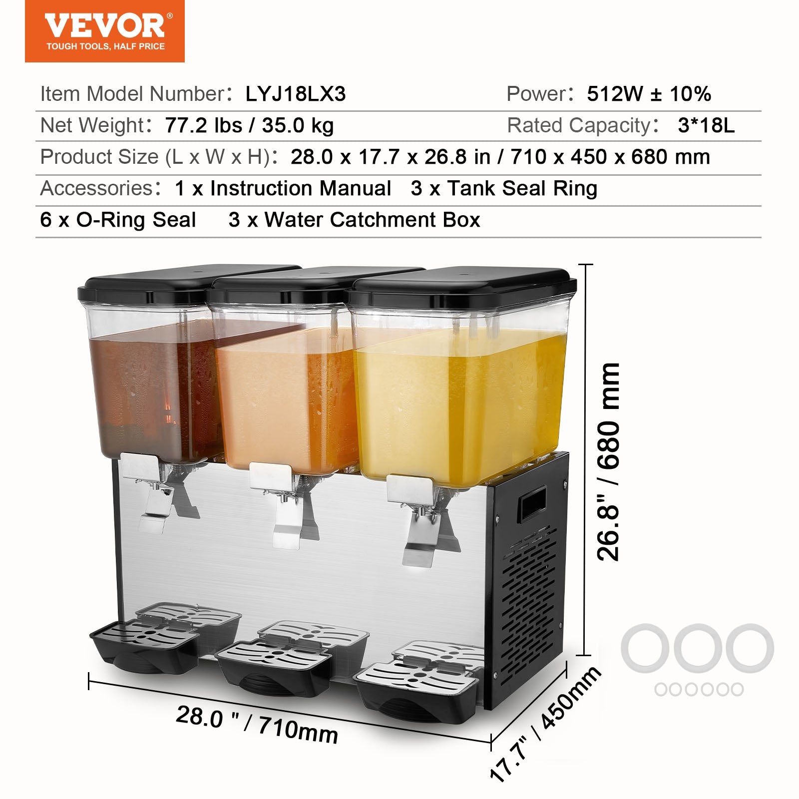 VEVOR Commercial Beverage Dispenser 18L x 3 Tanks Cold Juice Ice Drink Dispenser 