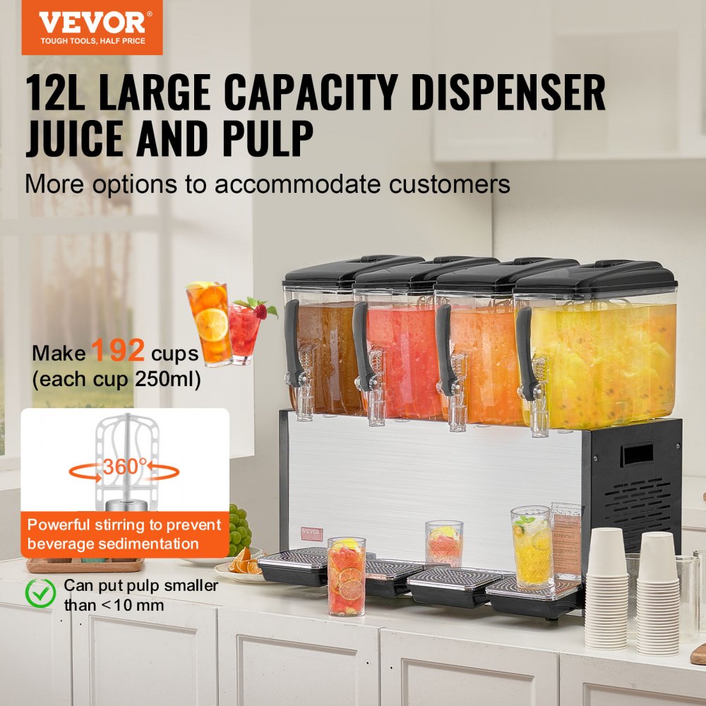 VEVOR Commercial Beverage Dispenser 12L x 4 Tanks Cold Juice Ice Drink Dispenser 