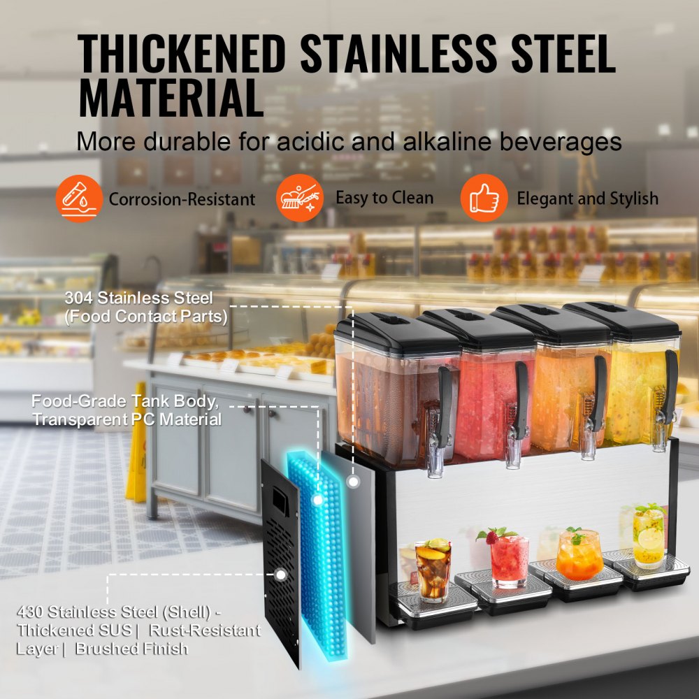 VEVOR Commercial Beverage Dispenser 12L x 4 Tanks Cold Juice Ice Drink Dispenser 