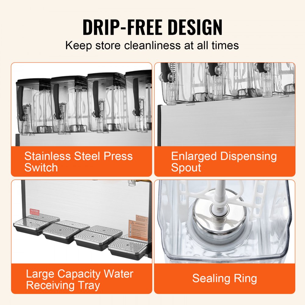 VEVOR Commercial Beverage Dispenser 12L x 4 Tanks Cold Juice Ice Drink Dispenser 