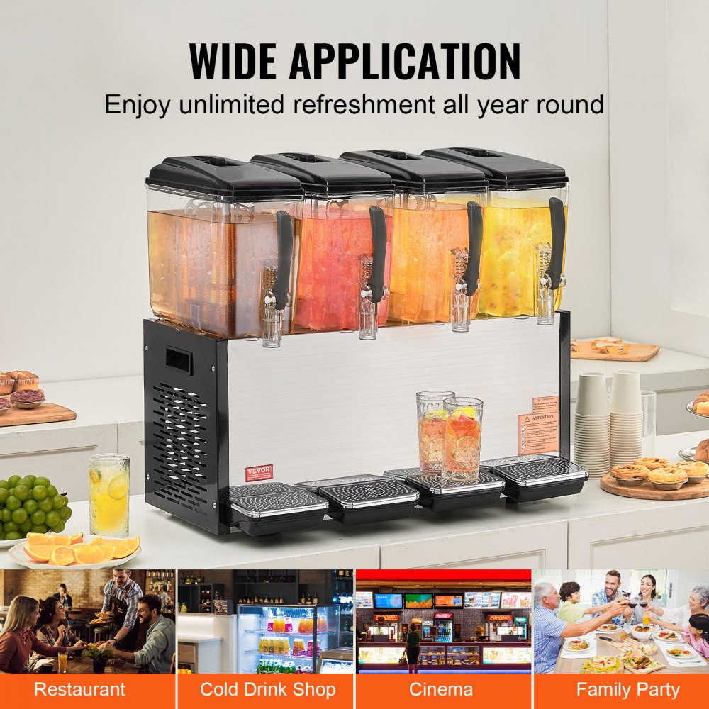 VEVOR Commercial Beverage Dispenser 12L x 4 Tanks Cold Juice Ice Drink Dispenser 