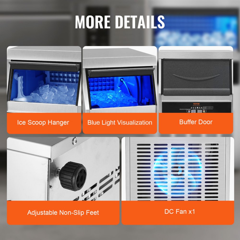 VEVOR Commercial Ice Maker, 140lbs/24H, Ice Maker Machine, 60 Ice Cubes in 12-15 Minutes, Freestanding Cabinet Ice Maker with 33lbs Storage Capacity LED Digital Display, for Bar Home Office Restaurant 