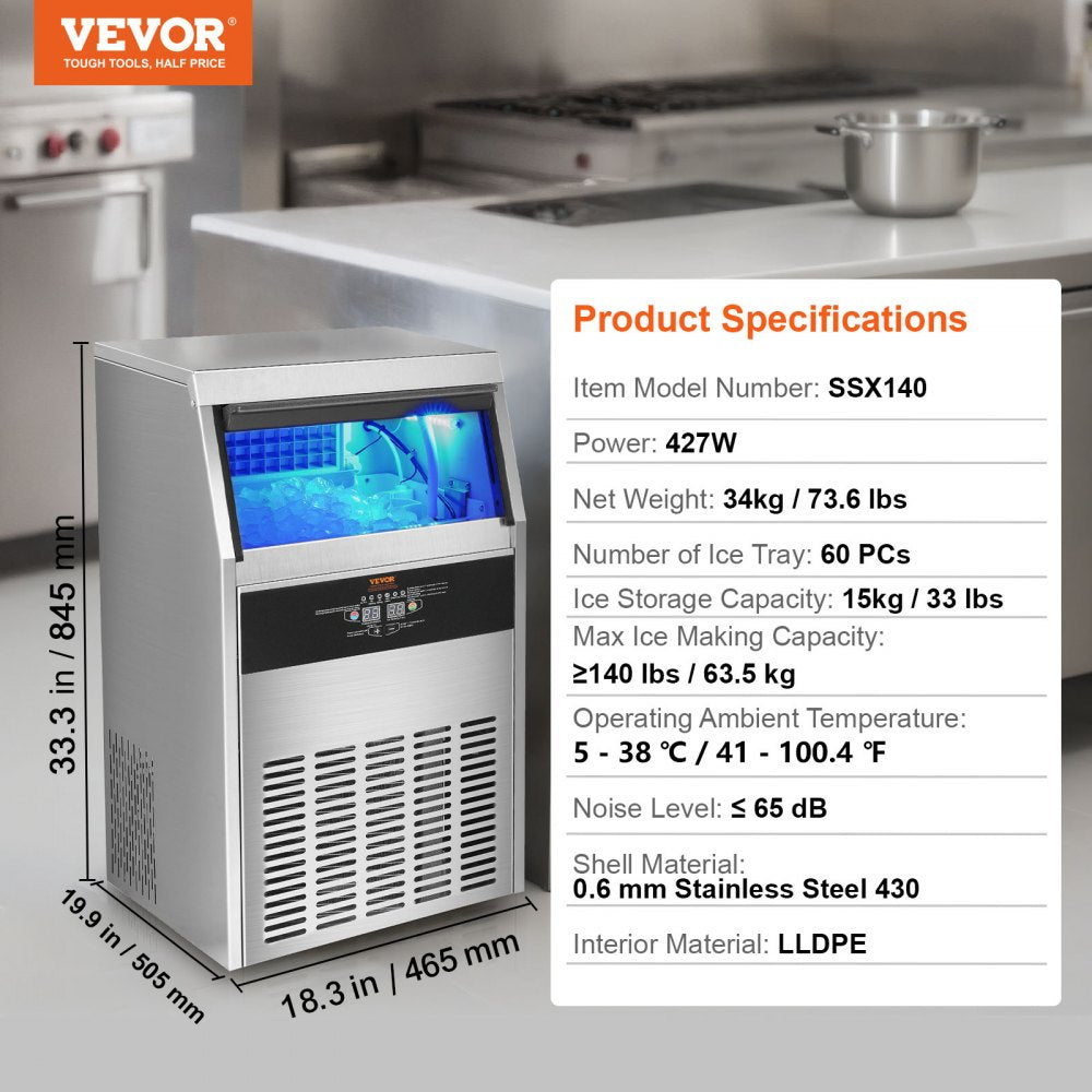 VEVOR Commercial Ice Maker, 140lbs/24H, Ice Maker Machine, 60 Ice Cubes in 12-15 Minutes, Freestanding Cabinet Ice Maker with 33lbs Storage Capacity LED Digital Display, for Bar Home Office Restaurant 