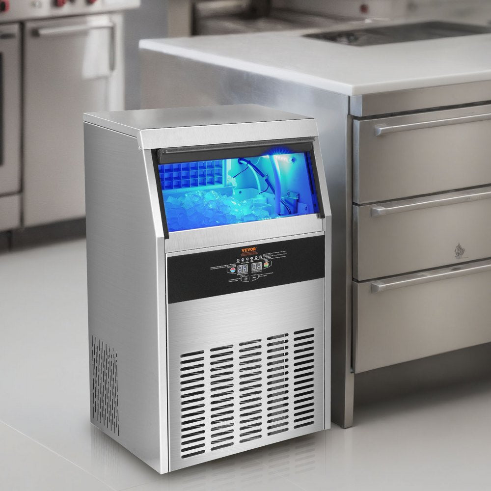 VEVOR Commercial Ice Maker, 140lbs/24H, Ice Maker Machine, 60 Ice Cubes in 12-15 Minutes, Freestanding Cabinet Ice Maker with 33lbs Storage Capacity LED Digital Display, for Bar Home Office Restaurant 
