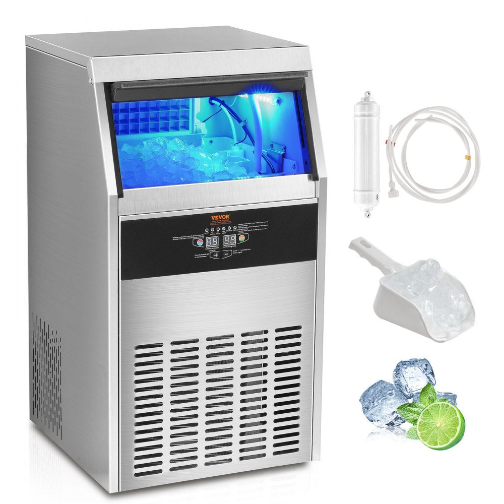 VEVOR Commercial Ice Maker, 140lbs/24H, Ice Maker Machine, 60 Ice Cubes in 12-15 Minutes, Freestanding Cabinet Ice Maker with 33lbs Storage Capacity LED Digital Display, for Bar Home Office Restaurant 
