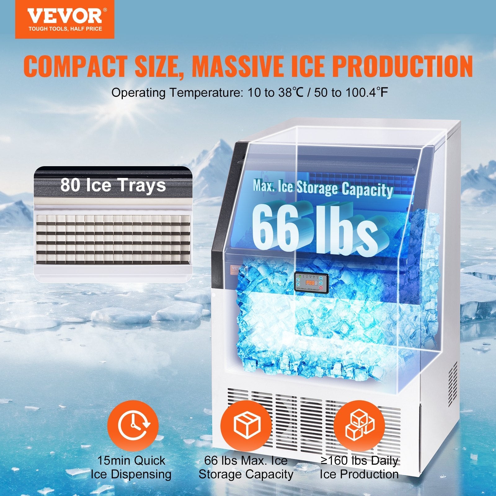 VEVOR Commercial Ice Maker, 160lbs/24H, Ice Maker Machine, 80 Ice Cubes in 12-15 Minutes, Freestanding Cabinet Ice Maker with 66lbs Storage Capacity LED Digital Display, for Bar Home Office Restaurant 