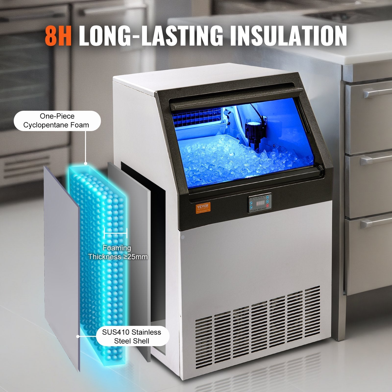 VEVOR Commercial Ice Maker, 160lbs/24H, Ice Maker Machine, 80 Ice Cubes in 12-15 Minutes, Freestanding Cabinet Ice Maker with 66lbs Storage Capacity LED Digital Display, for Bar Home Office Restaurant 