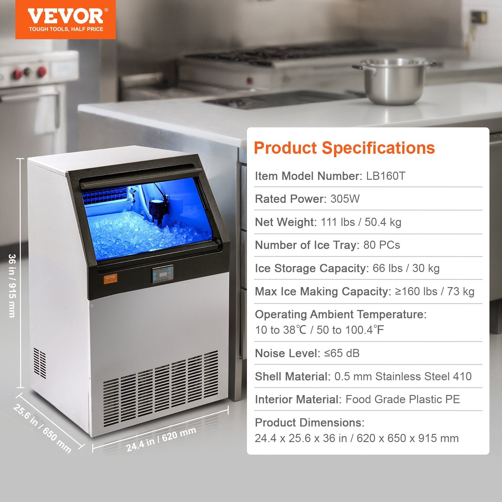 VEVOR Commercial Ice Maker, 160lbs/24H, Ice Maker Machine, 80 Ice Cubes in 12-15 Minutes, Freestanding Cabinet Ice Maker with 66lbs Storage Capacity LED Digital Display, for Bar Home Office Restaurant 