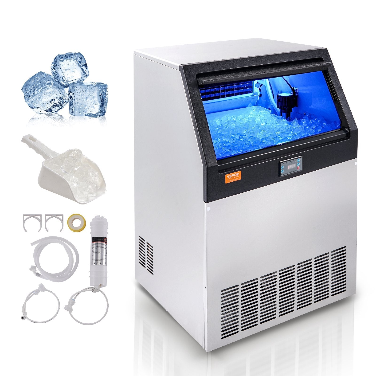 VEVOR Commercial Ice Maker, 160lbs/24H, Ice Maker Machine, 80 Ice Cubes in 12-15 Minutes, Freestanding Cabinet Ice Maker with 66lbs Storage Capacity LED Digital Display, for Bar Home Office Restaurant 