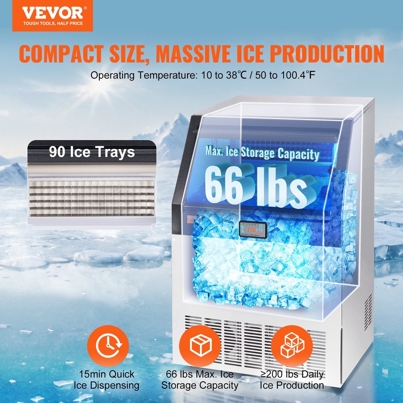 VEVOR Commercial Ice Maker, 200lbs/24H, Ice Maker Machine, 90 Ice Cubes in 12-15 Minutes, Freestanding Cabinet Ice Maker with 66lbs Storage Capacity LED Digital Display, for Bar Home Office Restaurant 