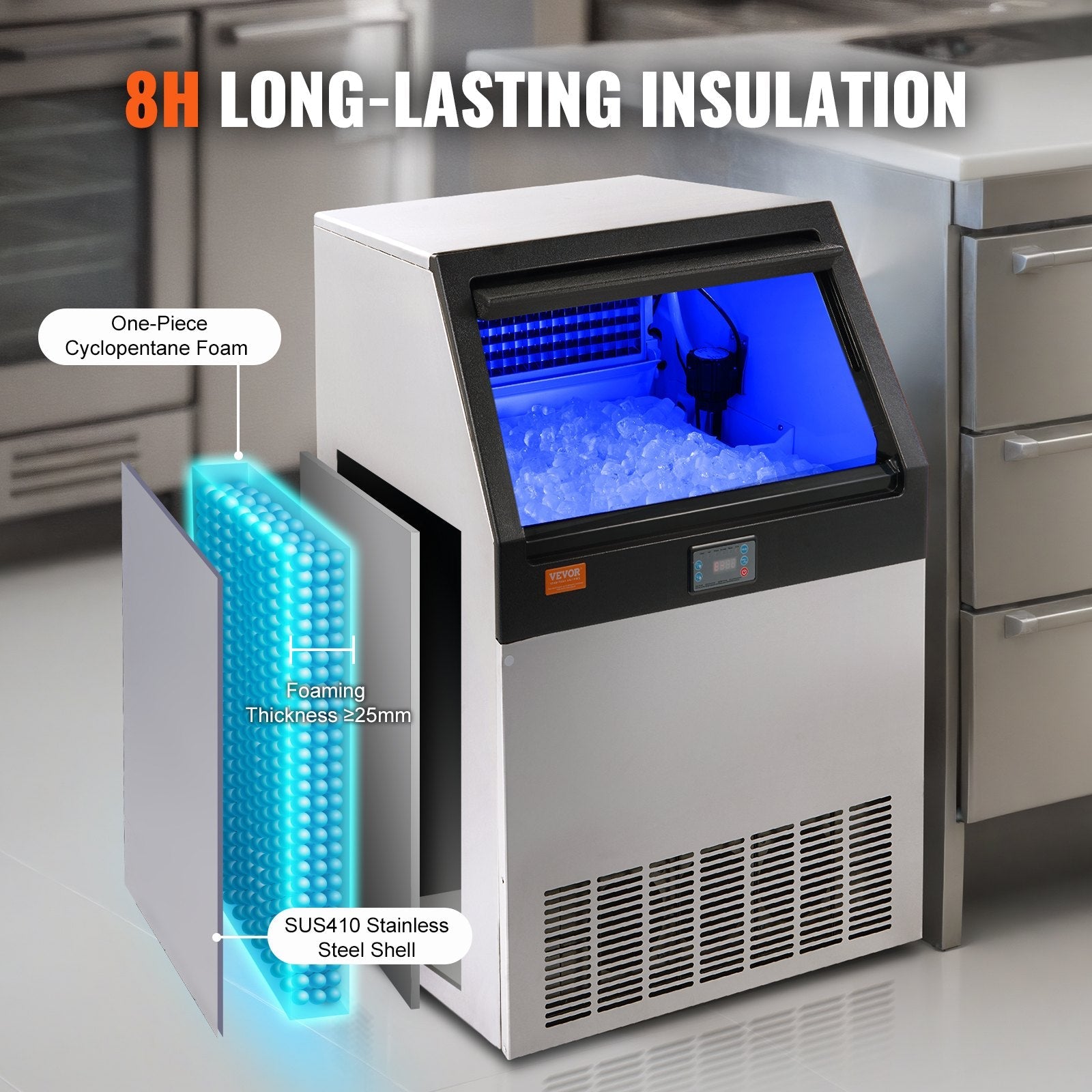 VEVOR Commercial Ice Maker, 200lbs/24H, Ice Maker Machine, 90 Ice Cubes in 12-15 Minutes, Freestanding Cabinet Ice Maker with 66lbs Storage Capacity LED Digital Display, for Bar Home Office Restaurant 