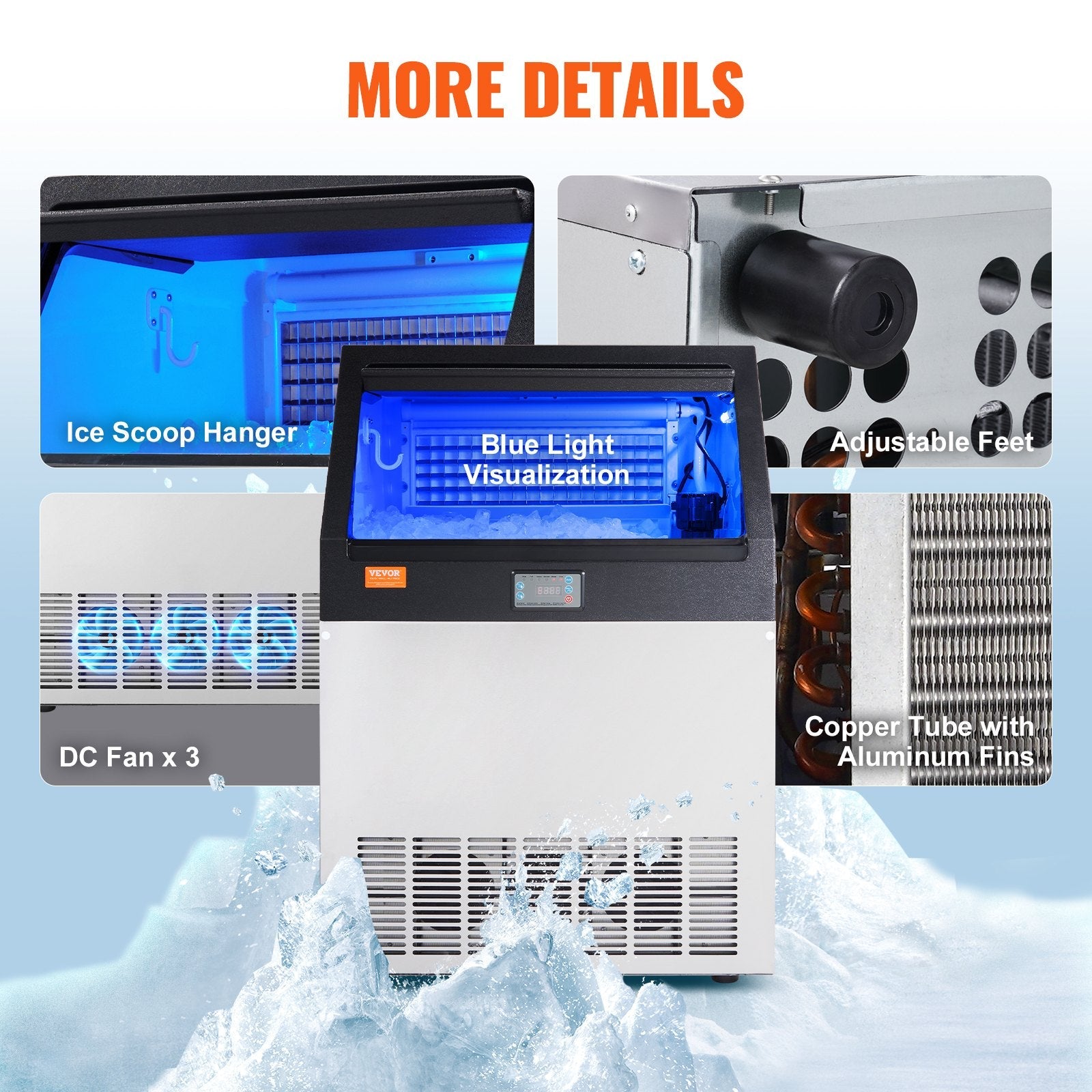 VEVOR Commercial Ice Maker, 200lbs/24H, Ice Maker Machine, 90 Ice Cubes in 12-15 Minutes, Freestanding Cabinet Ice Maker with 66lbs Storage Capacity LED Digital Display, for Bar Home Office Restaurant 