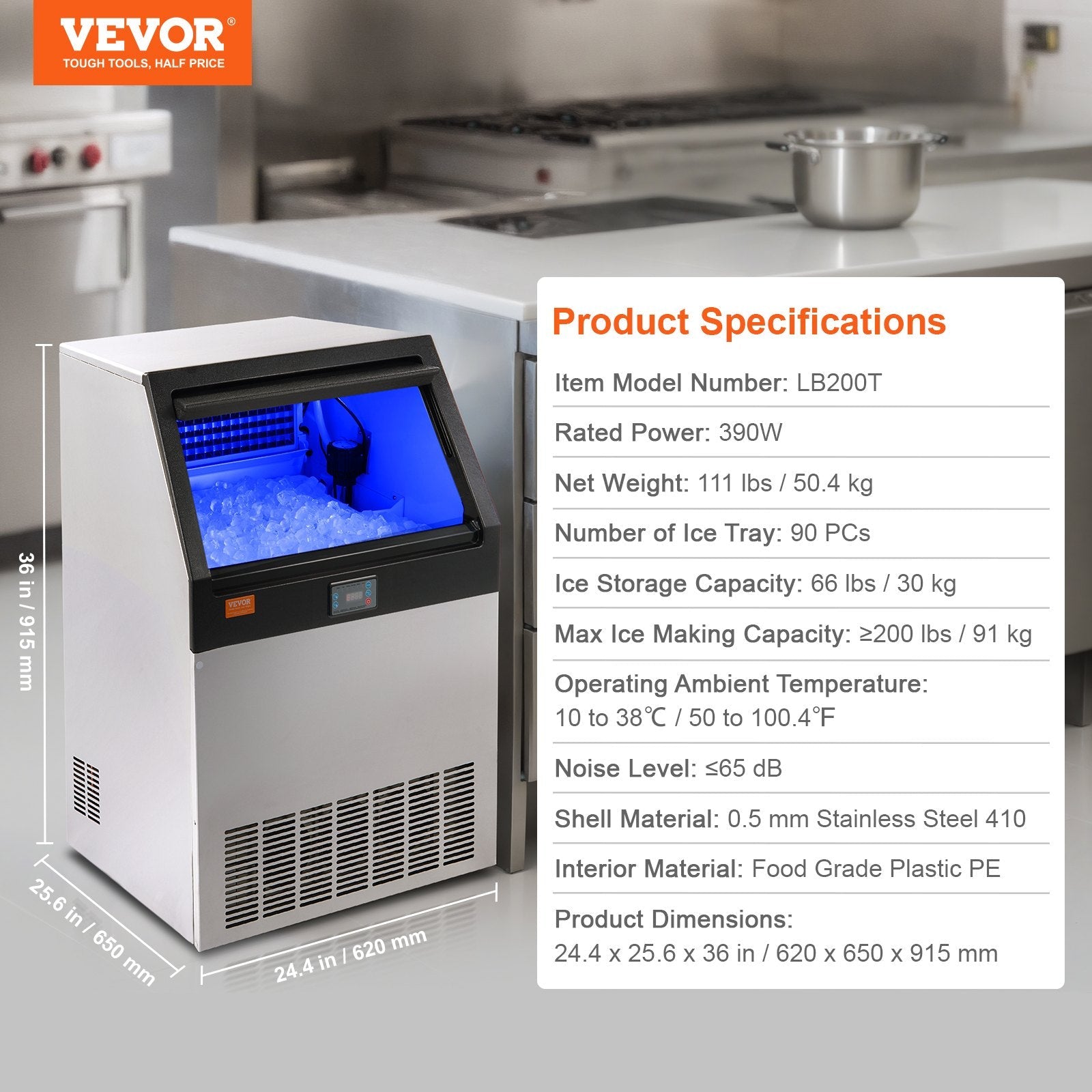 VEVOR Commercial Ice Maker, 200lbs/24H, Ice Maker Machine, 90 Ice Cubes in 12-15 Minutes, Freestanding Cabinet Ice Maker with 66lbs Storage Capacity LED Digital Display, for Bar Home Office Restaurant 