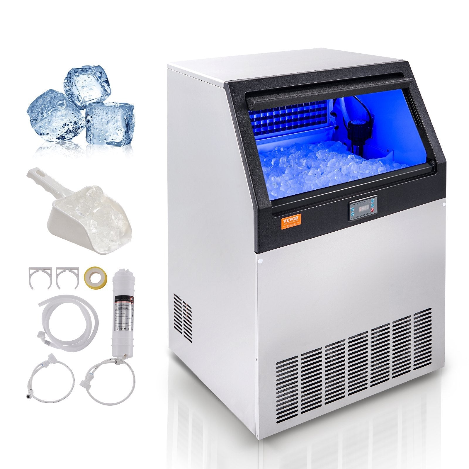 VEVOR Commercial Ice Maker, 200lbs/24H, Ice Maker Machine, 90 Ice Cubes in 12-15 Minutes, Freestanding Cabinet Ice Maker with 66lbs Storage Capacity LED Digital Display, for Bar Home Office Restaurant 