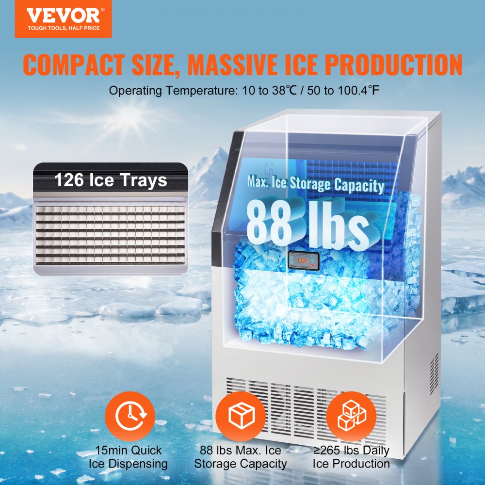 VEVOR Commercial Ice Maker, 265lbs/24H, Ice Maker Machine, 126 Ice Cubes in 12-15 Minutes, Freestanding Cabinet Ice Maker with 88lbs Storage Capacity LED Digital Display, for Home Office Restaurant 