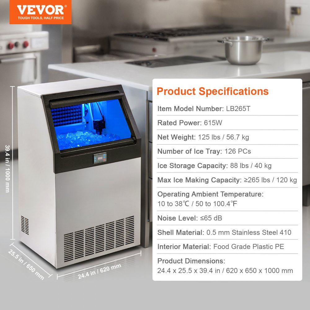 VEVOR Commercial Ice Maker, 265lbs/24H, Ice Maker Machine, 126 Ice Cubes in 12-15 Minutes, Freestanding Cabinet Ice Maker with 88lbs Storage Capacity LED Digital Display, for Home Office Restaurant 