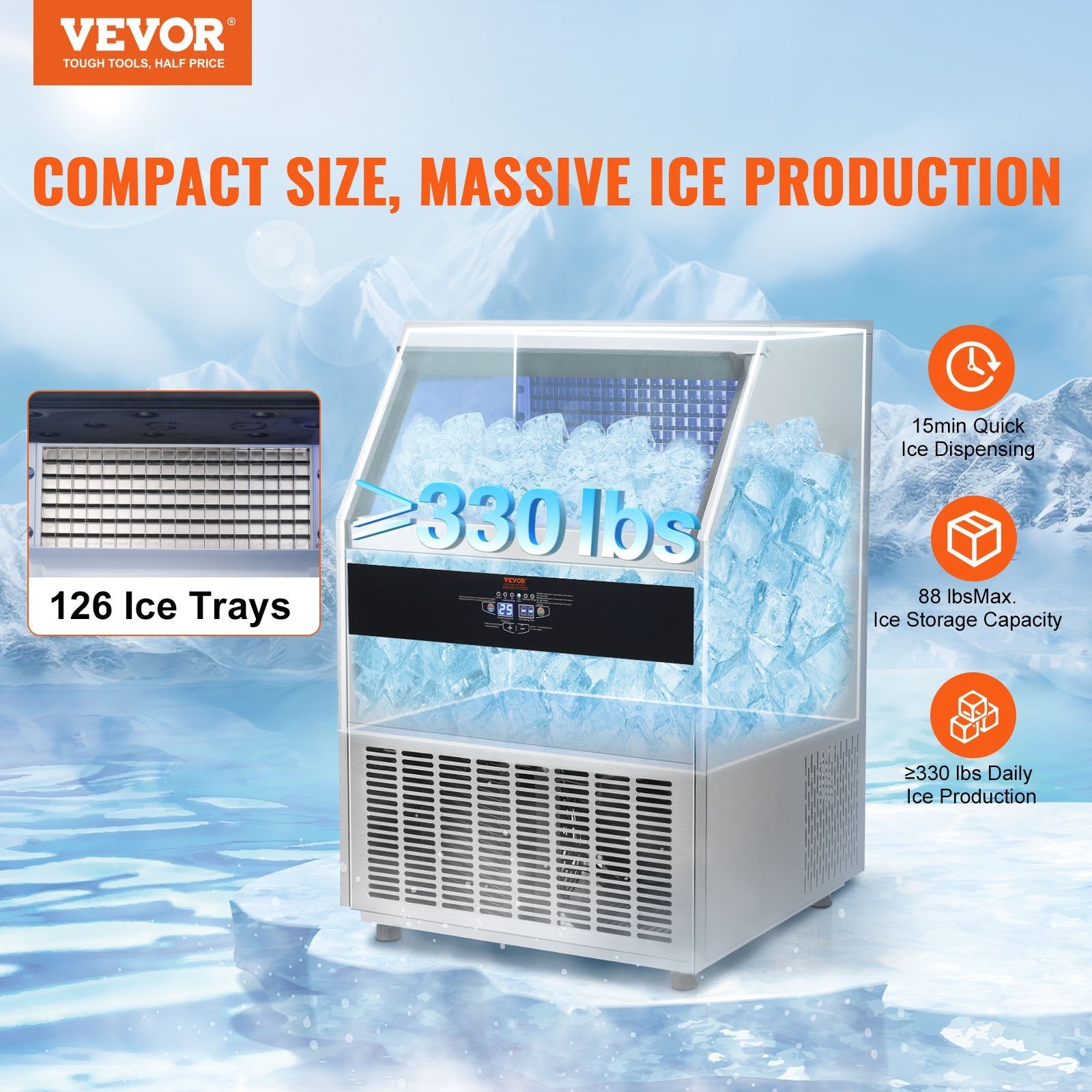 VEVOR Commercial Ice Maker, 330lbs/24H, Ice Maker Machine, 126 Ice Cubes in 12-15 Minutes, Freestanding Cabinet Ice Maker with 88lbs Storage Capacity LED Digital Display, for Bar Home Restaurant 