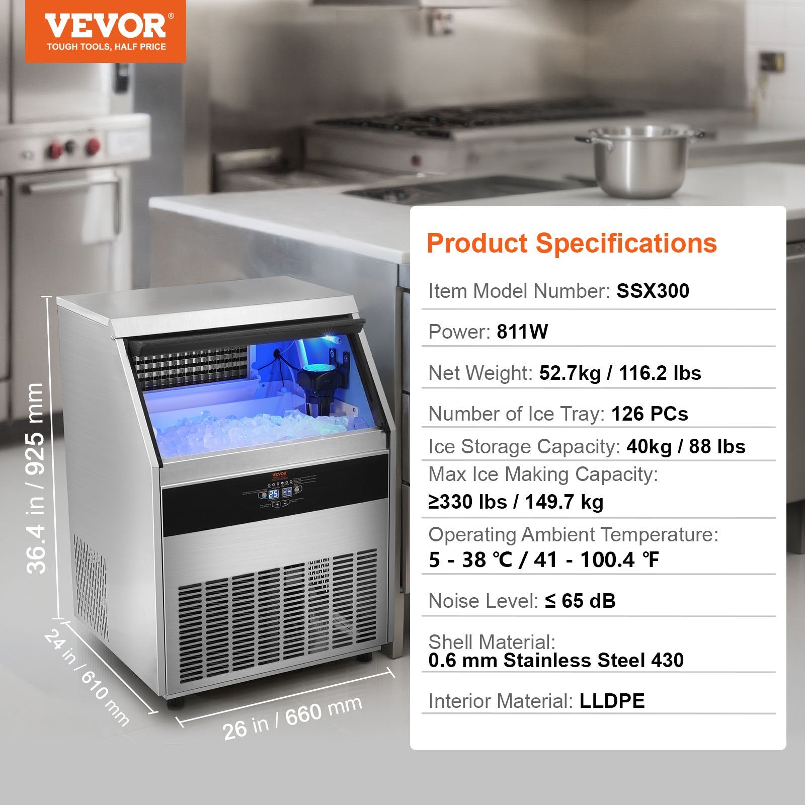 VEVOR Commercial Ice Maker, 330lbs/24H, Ice Maker Machine, 126 Ice Cubes in 12-15 Minutes, Freestanding Cabinet Ice Maker with 88lbs Storage Capacity LED Digital Display, for Bar Home Restaurant 