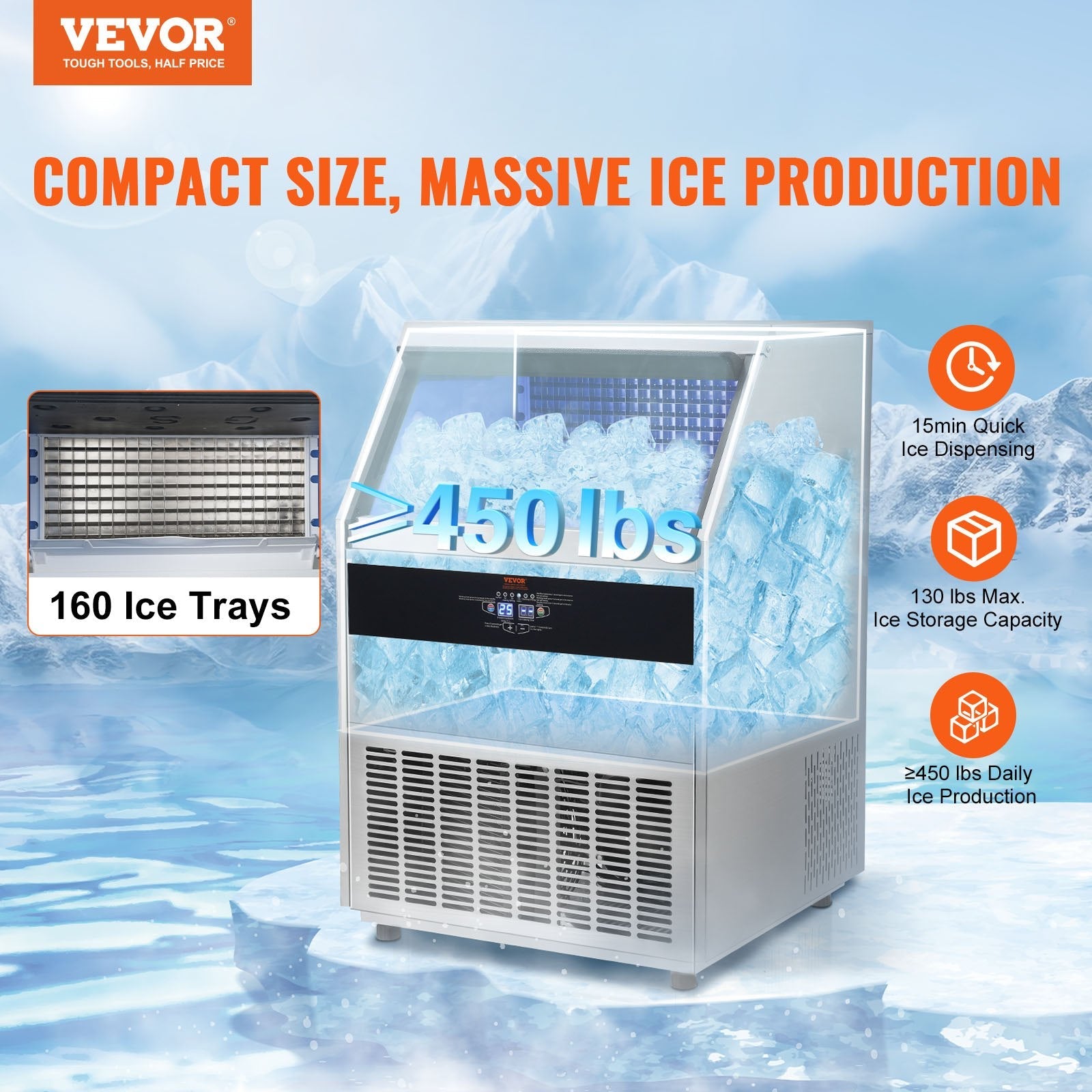 VEVOR Commercial Ice Maker, 450lbs/24H, Ice Maker Machine, 160 Ice Cubes in 12-15 Minutes, Freestanding Cabinet Ice Maker with 130lbs Storage Capacity LED Digital Display, for Bar Home Office Restaura 