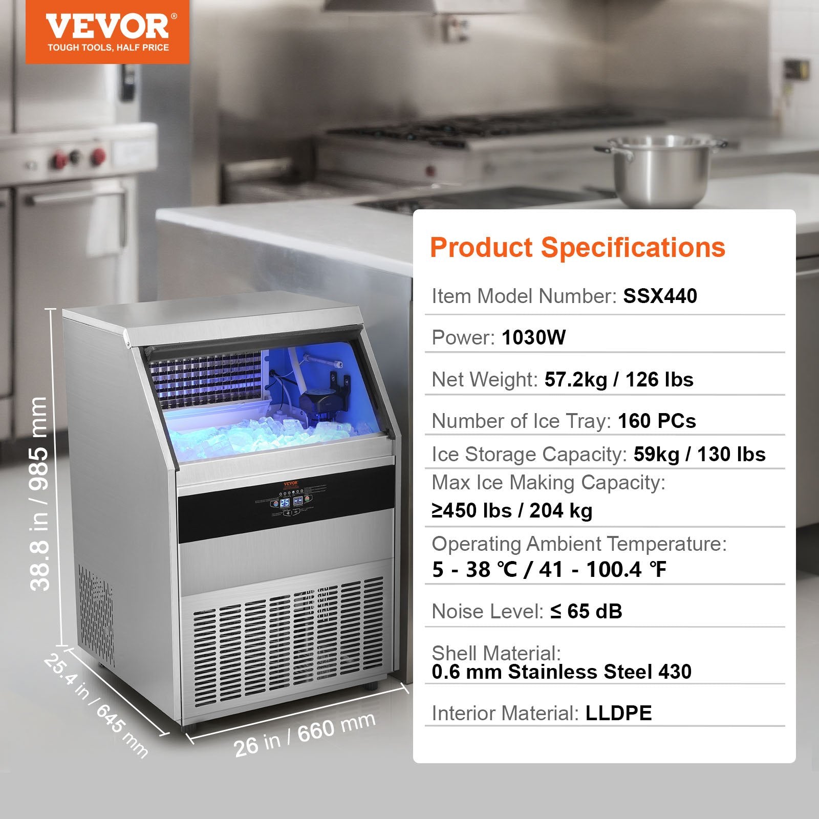 VEVOR Commercial Ice Maker, 450lbs/24H, Ice Maker Machine, 160 Ice Cubes in 12-15 Minutes, Freestanding Cabinet Ice Maker with 130lbs Storage Capacity LED Digital Display, for Bar Home Office Restaura 