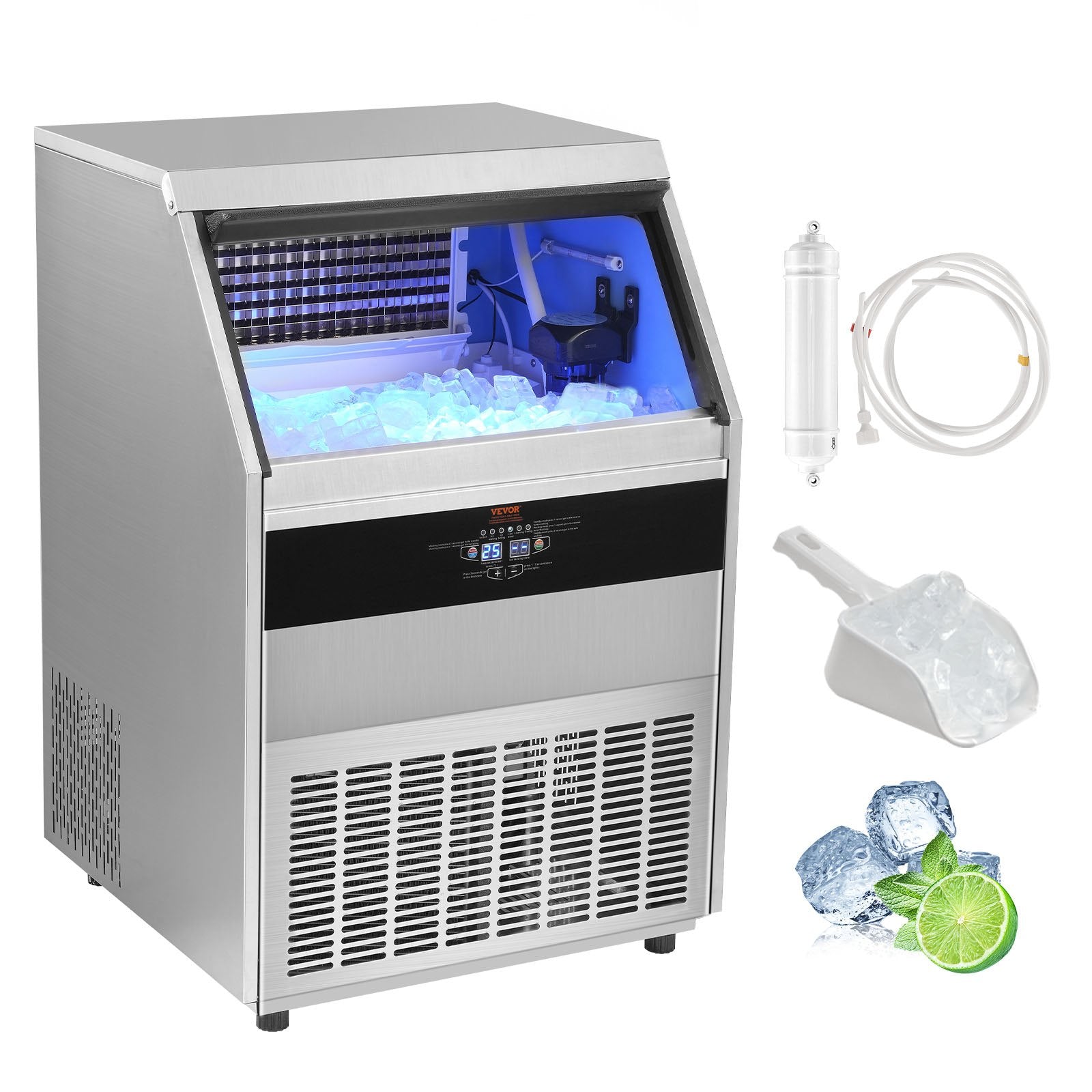VEVOR Commercial Ice Maker, 450lbs/24H, Ice Maker Machine, 160 Ice Cubes in 12-15 Minutes, Freestanding Cabinet Ice Maker with 130lbs Storage Capacity LED Digital Display, for Bar Home Office Restaura 