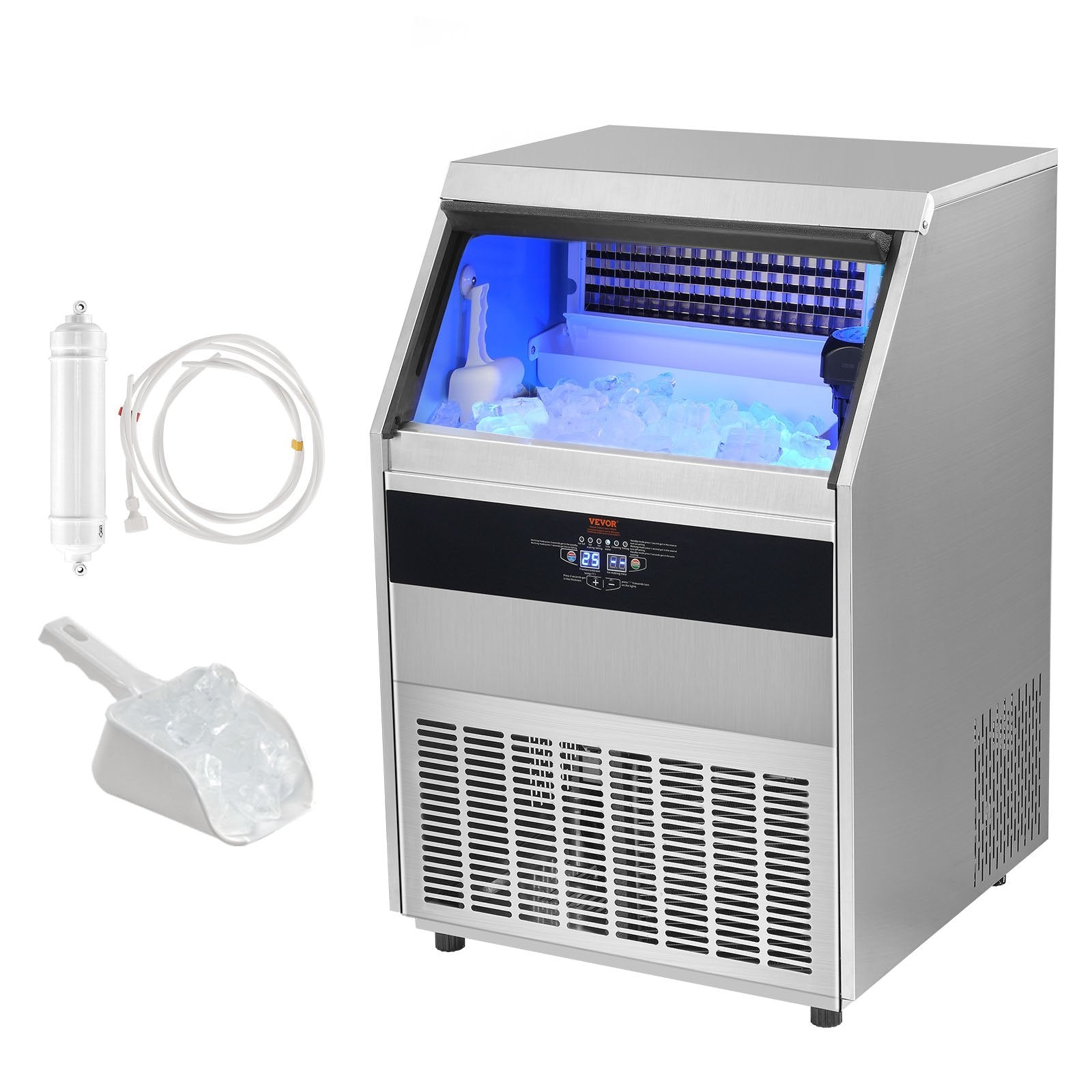 VEVOR Commercial Ice Maker, 450lbs/24H, Ice Maker Machine, 160 Ice Cubes in 12-15 Minutes, Freestanding Cabinet Ice Maker with 130lbs Storage Capacity LED Digital Display, for Bar Home Office Restaura 