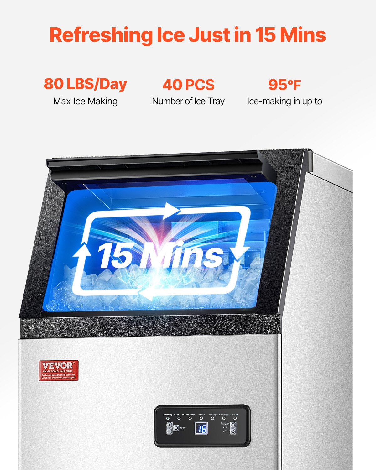 VEVOR Commercial Ice Maker Freestanding Cabinet Machine 80lbs/24H 36 Ice Cubes 