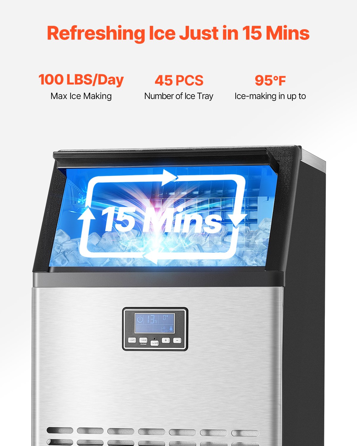 VEVOR Commercial Ice Maker Freestanding Cabinet Machine 100lbs/24H 45 Ice Cubes 