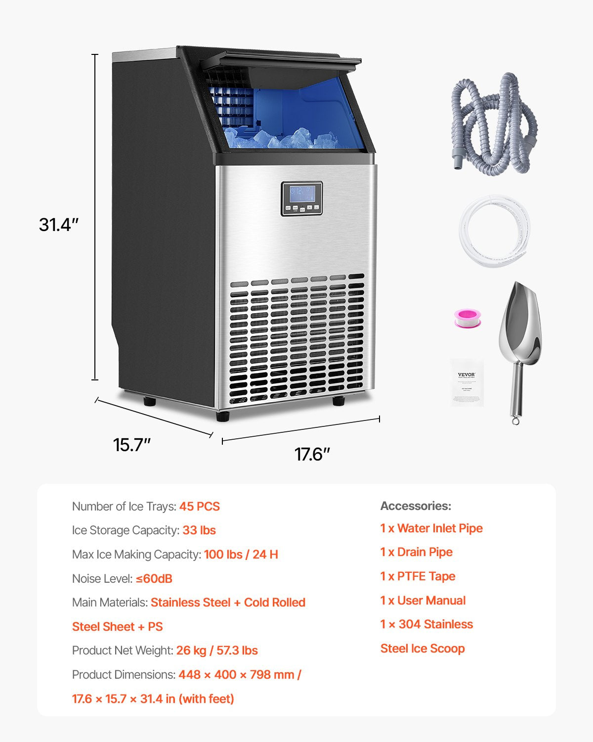 VEVOR Commercial Ice Maker Freestanding Cabinet Machine 100lbs/24H 45 Ice Cubes 