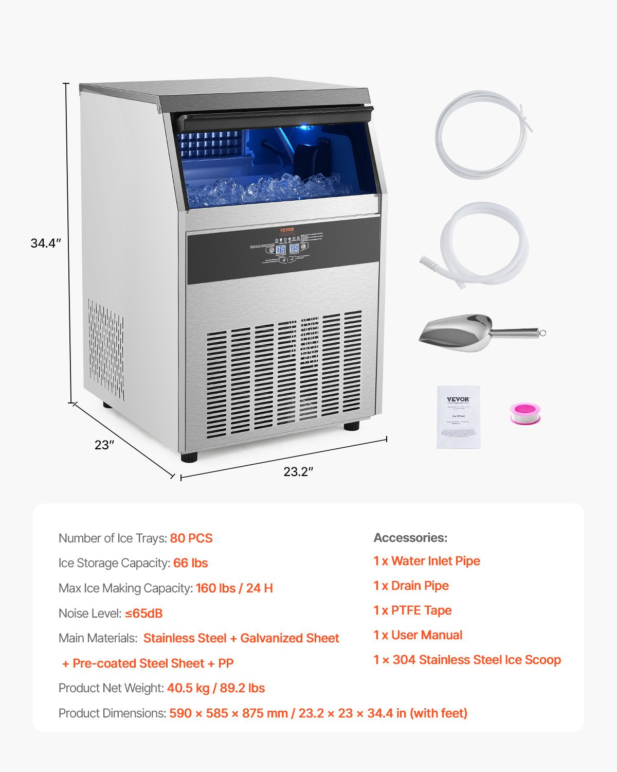 VEVOR Commercial Ice Maker Freestanding Cabinet Machine 160lbs/24H 80 Ice Cubes 