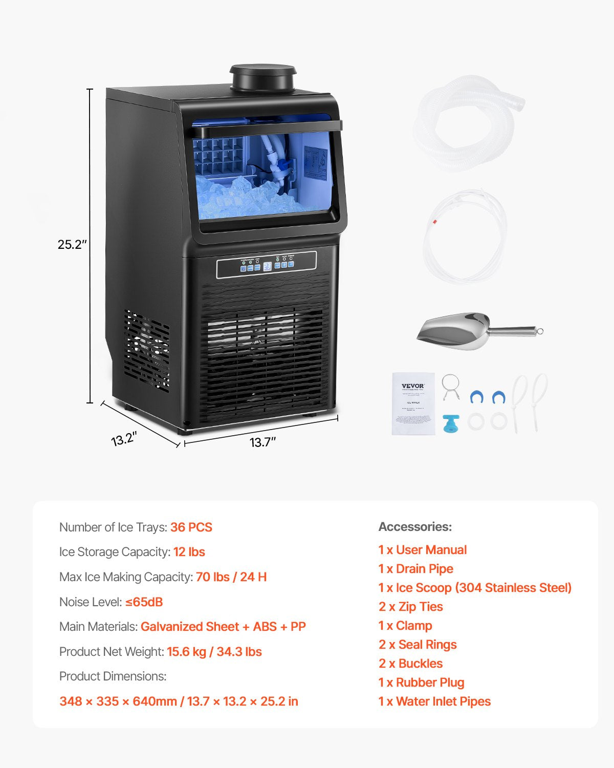 VEVOR Commercial Ice Maker Freestanding Cabinet Machine 70lbs/24H 36 Ice Cubes 