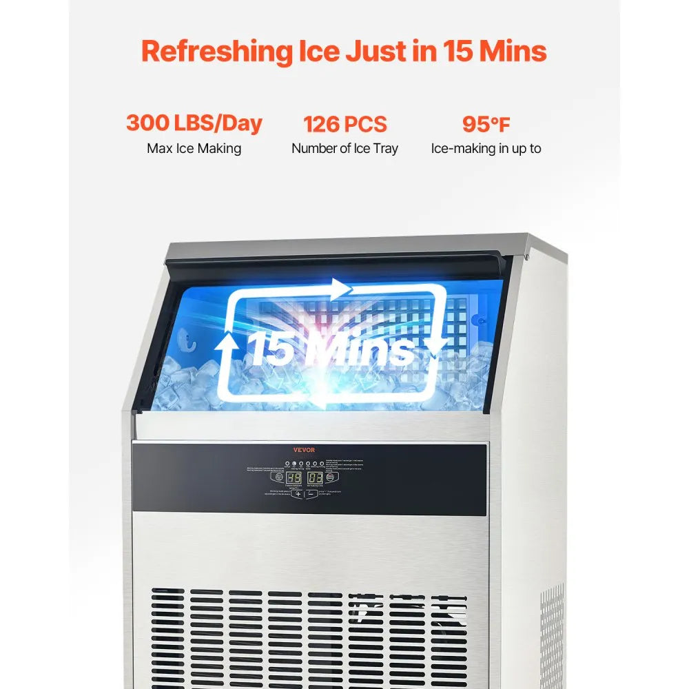 VEVOR 300lbs/24H Commercial Ice Maker, 126 Ice Cubes in 15 Minutes, Freestanding Ice Maker Machine with 88lbs Large Storage Capacity for Bar Office Restaurant, with LED Digital Display & Self-Cleaning 