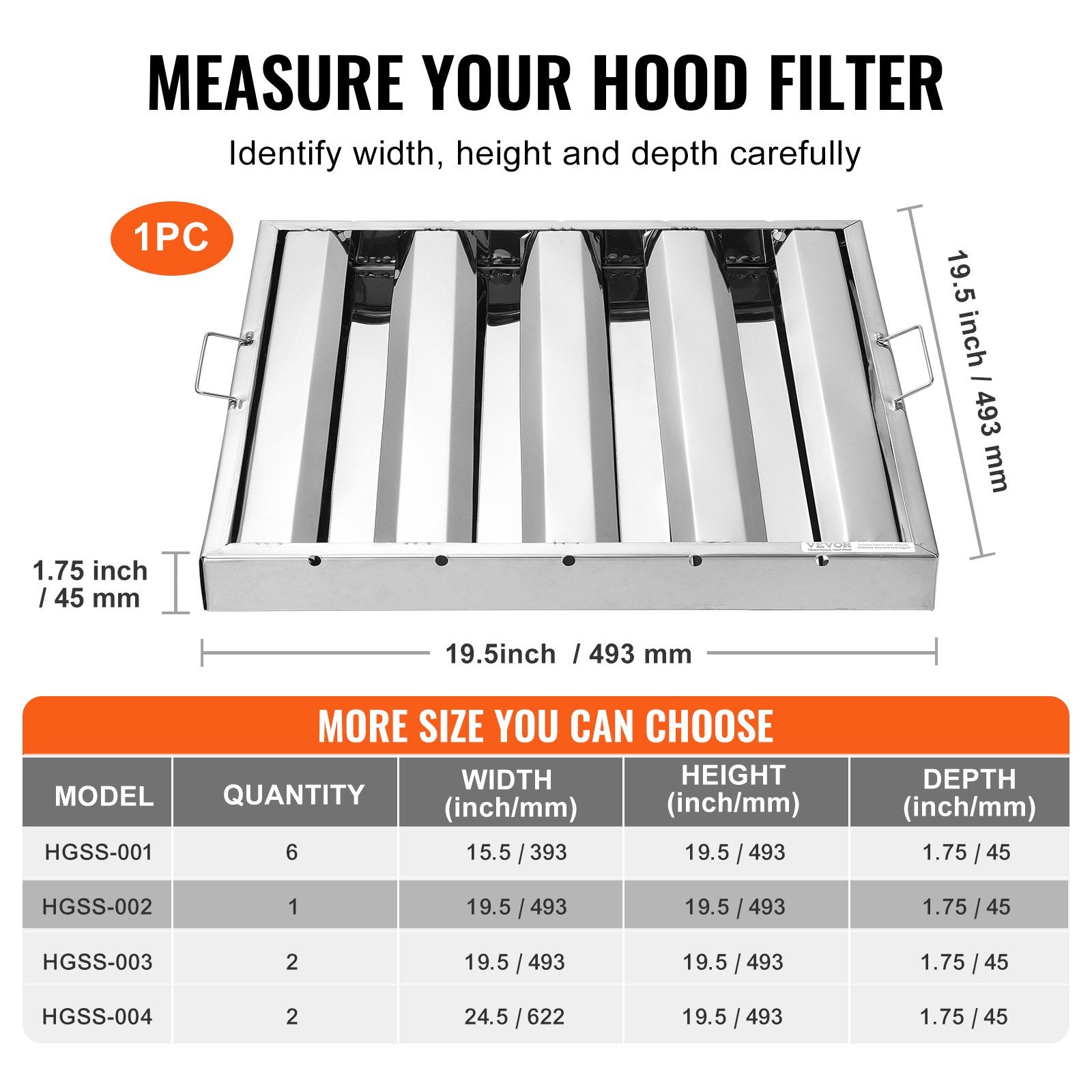 VEVOR 19.5Wx19.5H Inch Commercial Hood Filter Range Hood Baffle Stainless Steel 