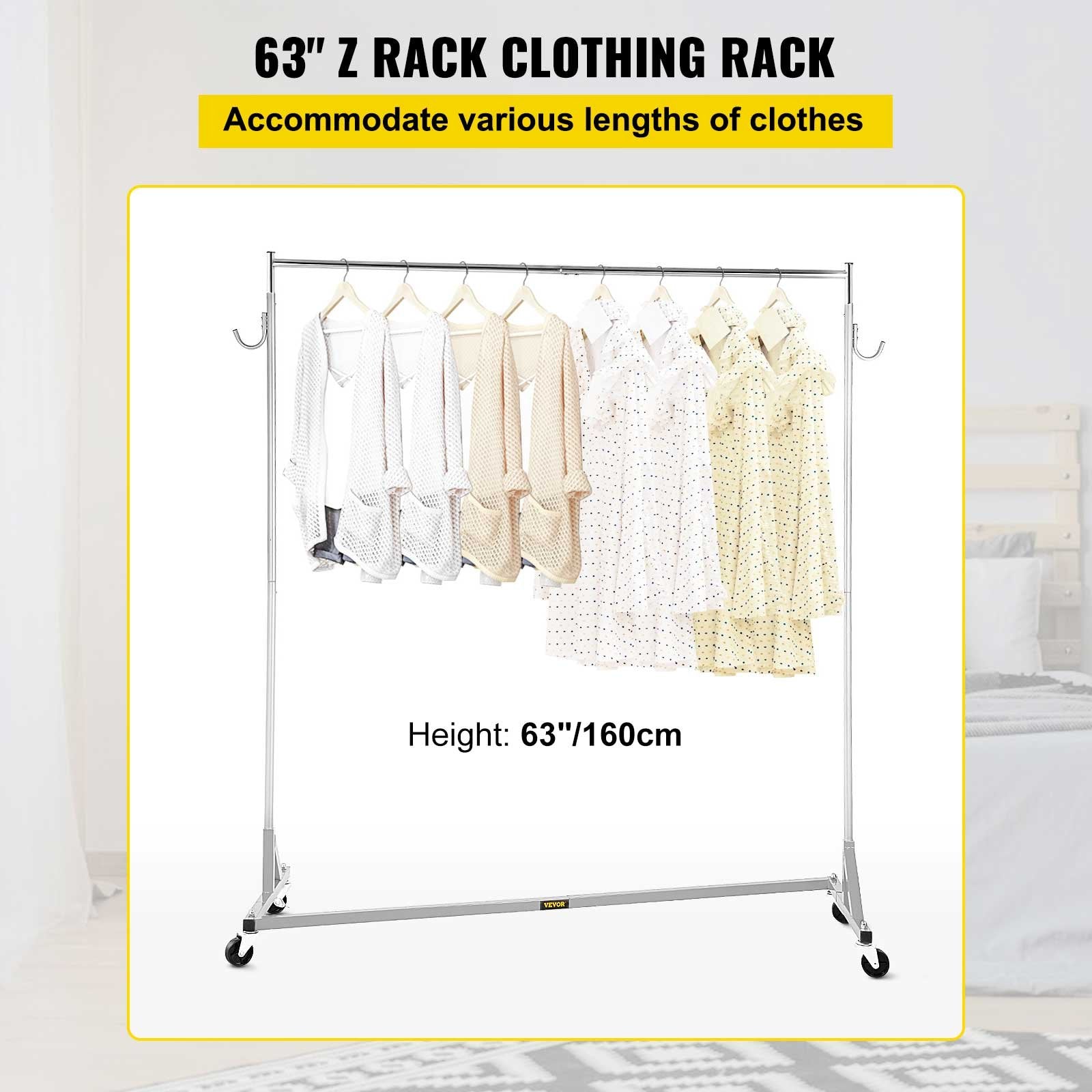 VEVOR Z Rack, Industrial Grade Z Base Garment Rack, Height Adjustable Rolling Z Garment Rack, Sturdy Steel Z Base Clothing Rack w/ Lockable Casters for Home Garment Store Display Commercial Use Silver 