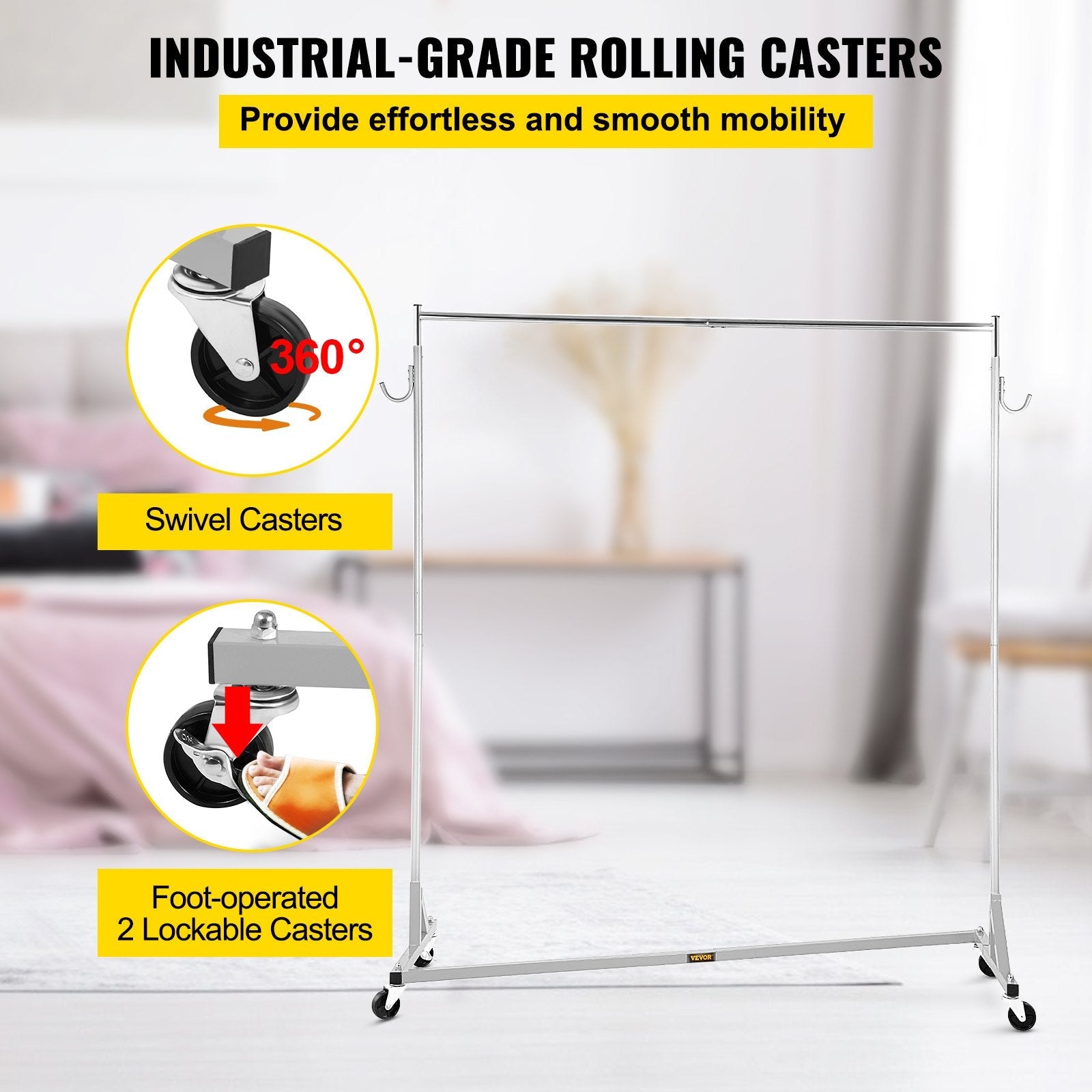VEVOR Z Rack, Industrial Grade Z Base Garment Rack, Height Adjustable Rolling Z Garment Rack, Sturdy Steel Z Base Clothing Rack w/ Lockable Casters for Home Garment Store Display Commercial Use Silver 