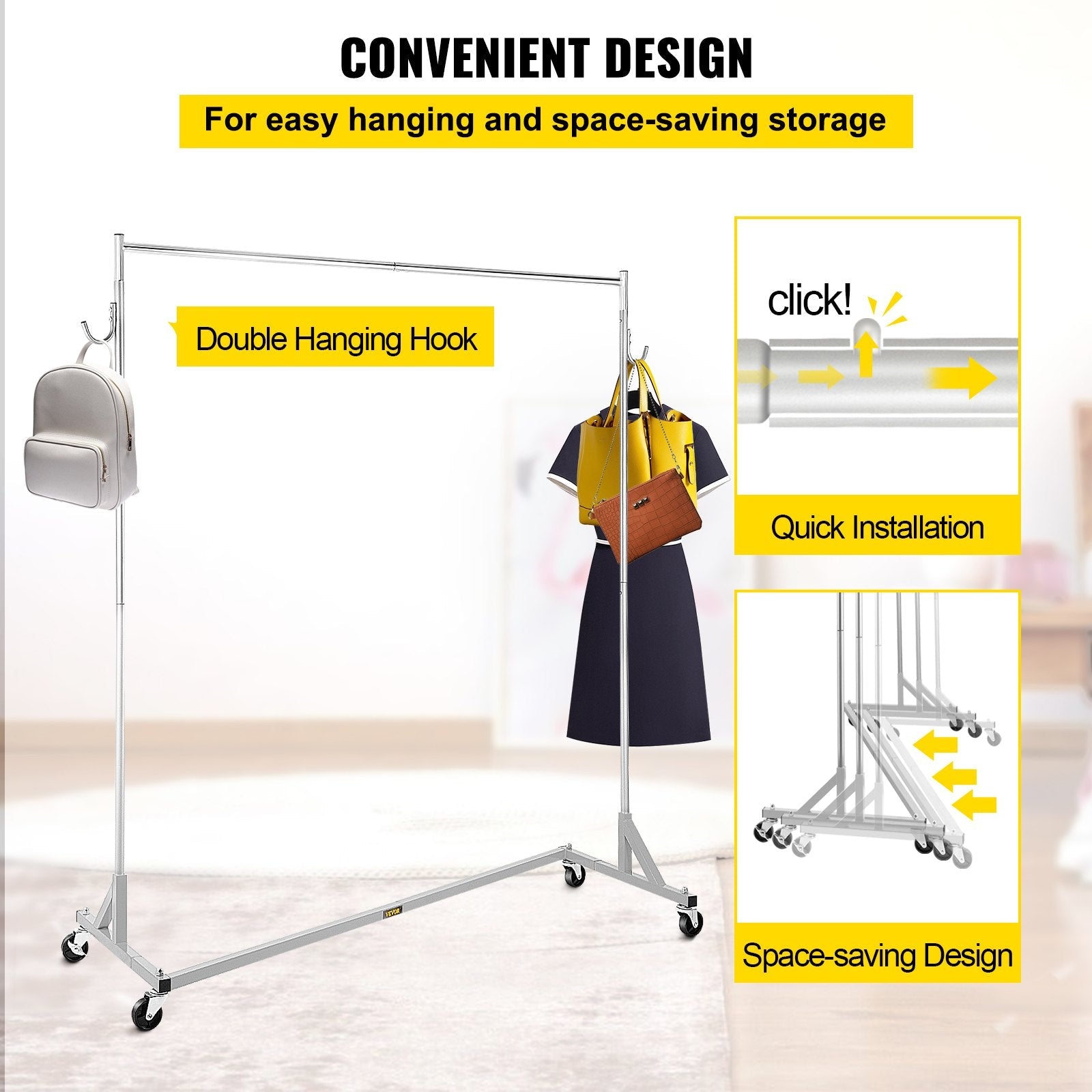 VEVOR Z Rack, Industrial Grade Z Base Garment Rack, Height Adjustable Rolling Z Garment Rack, Sturdy Steel Z Base Clothing Rack w/ Lockable Casters for Home Garment Store Display Commercial Use Silver 