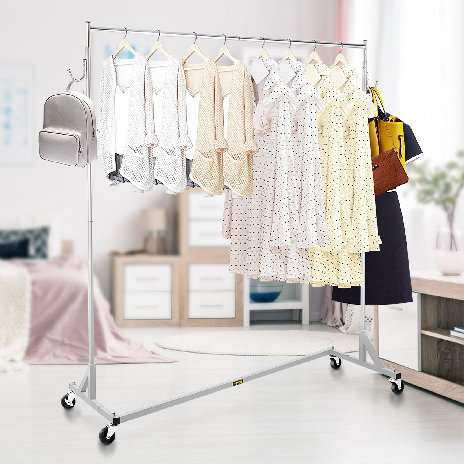 VEVOR Z Rack, Industrial Grade Z Base Garment Rack, Height Adjustable Rolling Z Garment Rack, Sturdy Steel Z Base Clothing Rack w/ Lockable Casters for Home Garment Store Display Commercial Use Silver 