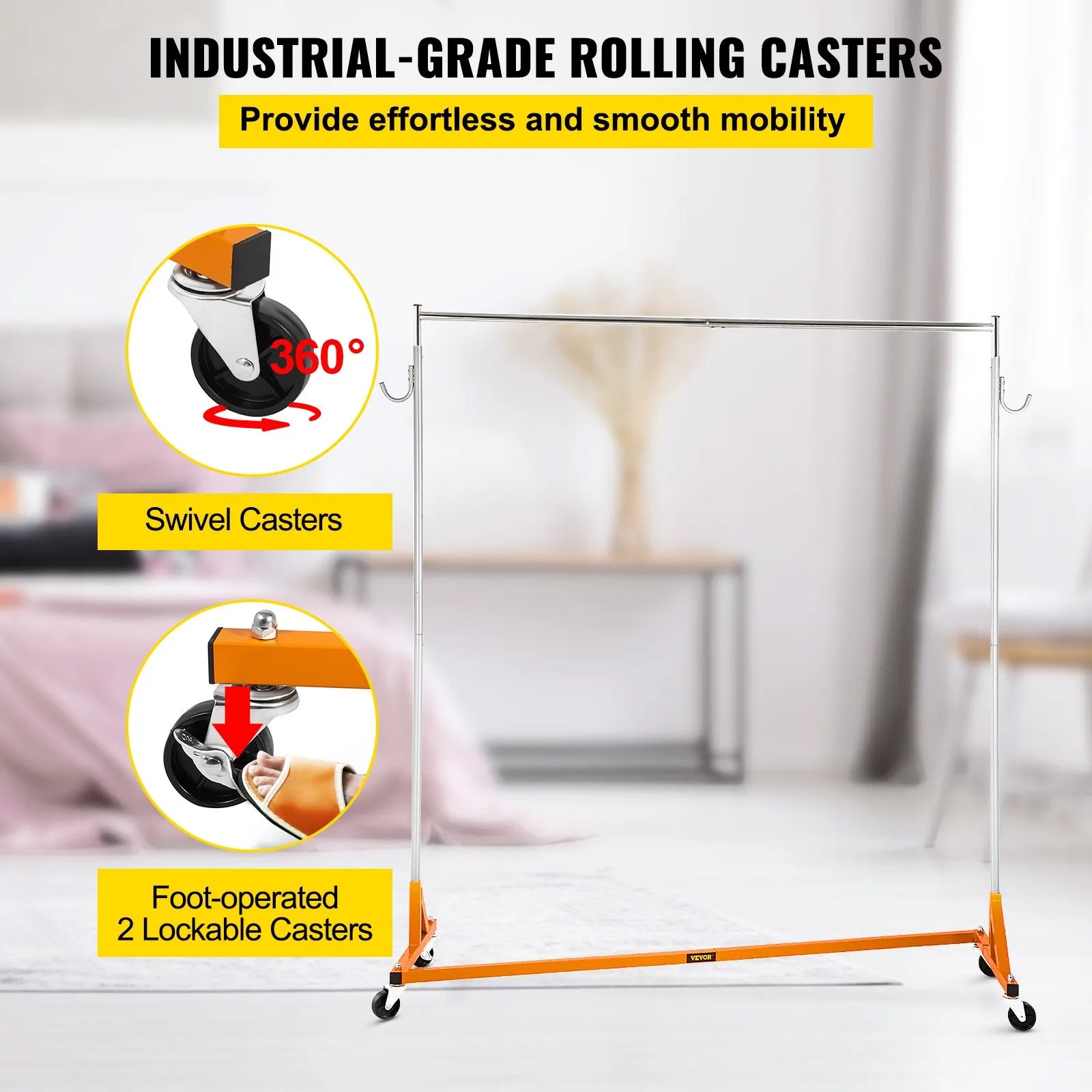 VEVOR Z Rack, Industrial Grade Z Base Garment Rack, Height Adjustable Rolling Z Garment Rack, Sturdy Steel Z Base Clothing Rack w/ Lockable Casters for Home Garment Store Display Commercial Use Orange