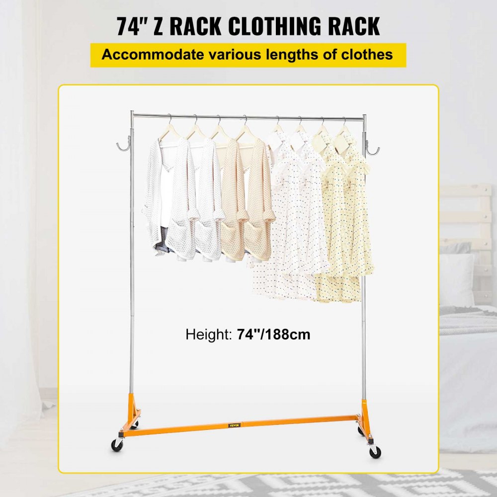 VEVOR Z Rack, Industrial Grade Z Base Garment Rack, Height Adjustable Rolling Z Garment Rack, Sturdy Steel Z Base Clothing Rack w/ Lockable Casters, for Home Clothing Store Display Orange (3 Sets) 
