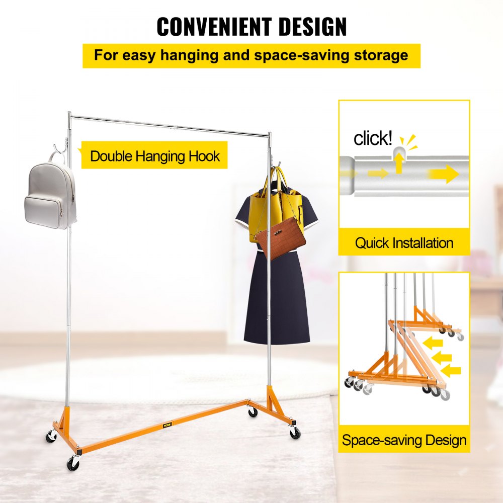 VEVOR Z Rack, Industrial Grade Z Base Garment Rack, Height Adjustable Rolling Z Garment Rack, Sturdy Steel Z Base Clothing Rack w/ Lockable Casters, for Home Clothing Store Display Orange (3 Sets) 