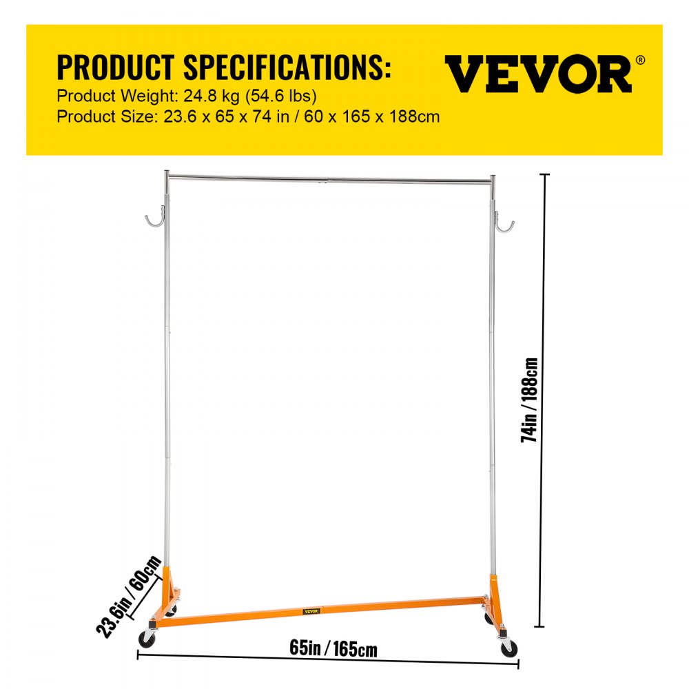 VEVOR Z Rack, Industrial Grade Z Base Garment Rack, Height Adjustable Rolling Z Garment Rack, Sturdy Steel Z Base Clothing Rack w/ Lockable Casters, for Home Clothing Store Display Orange (3 Sets) 