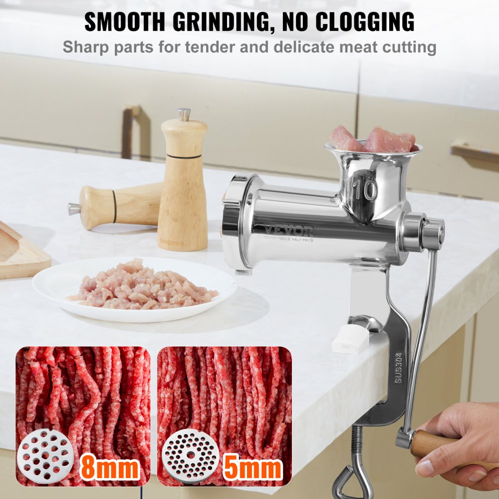 VEVOR Meat Grinders, All Parts Stainless Steel, Hand Operated Meat Grinding Machine with Tabletop Clamp, 2 Grinding Plates & Sausage Stuffer, Ideal for Home Kitchen Restaurant Butcher’s Shop 