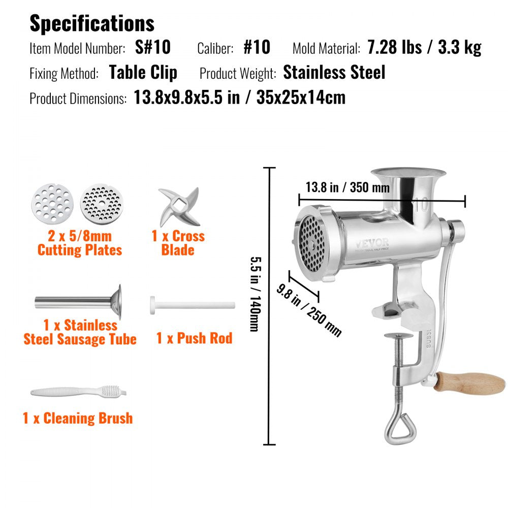 VEVOR Meat Grinders, All Parts Stainless Steel, Hand Operated Meat Grinding Machine with Tabletop Clamp, 2 Grinding Plates & Sausage Stuffer, Ideal for Home Kitchen Restaurant Butcher’s Shop 