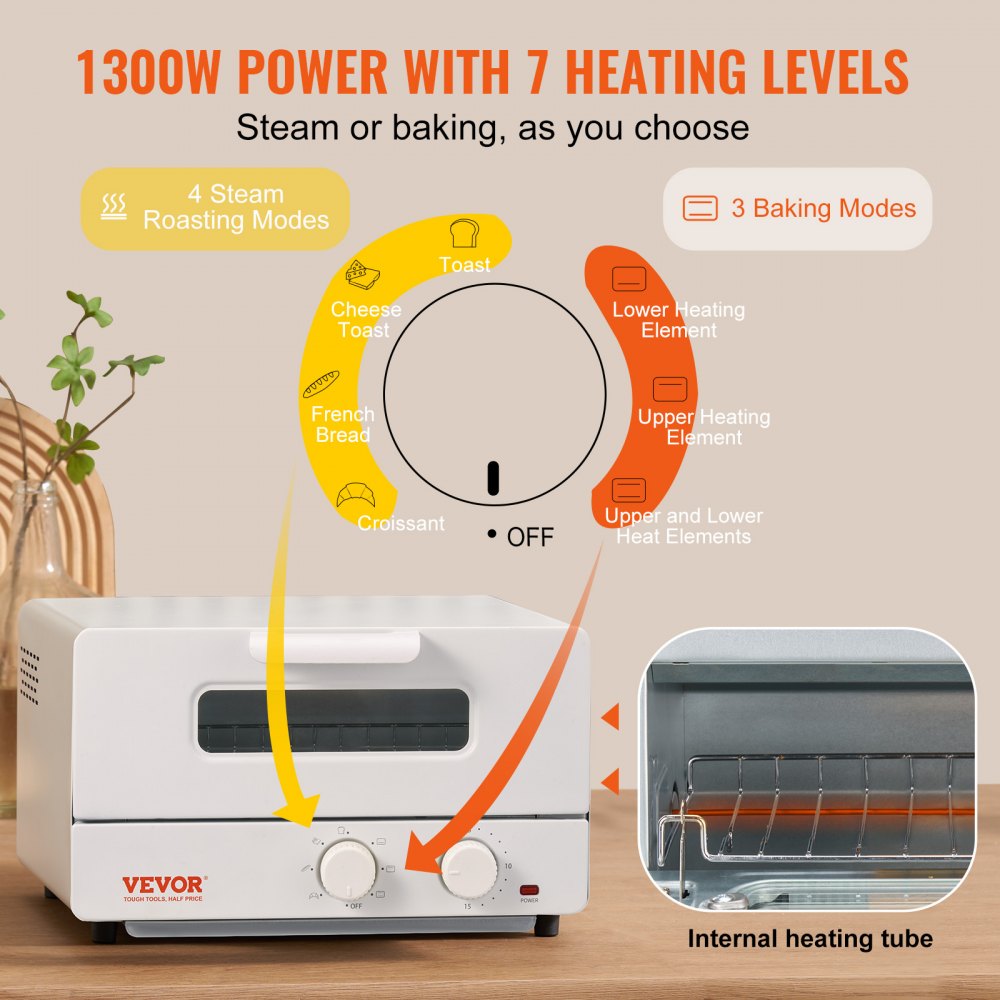 VEVOR Steam Oven Toaster, 12L Countertop Convection Oven, 1300W 5 In 1 Steam Toaster Oven, 7 Cooking Modes Air Fryer Convection Oven Combo with Baking Grill, Ash Tray for Sandwich, Bread, Pizza 